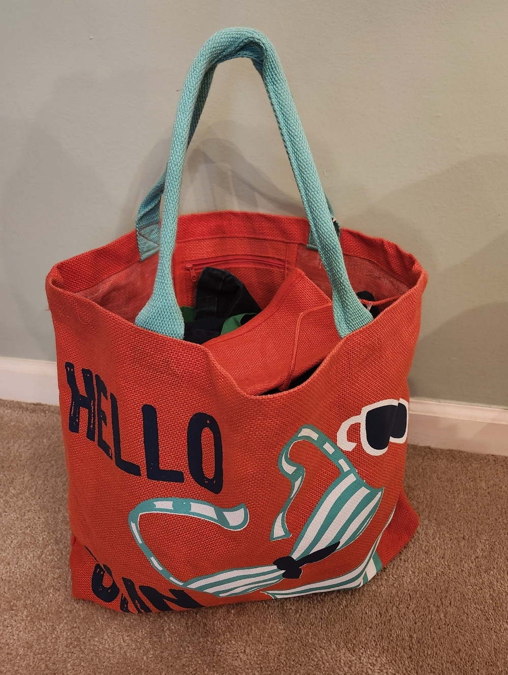 Coral Graphic Tote with Teal Handles - "HELLO SUN" Bag